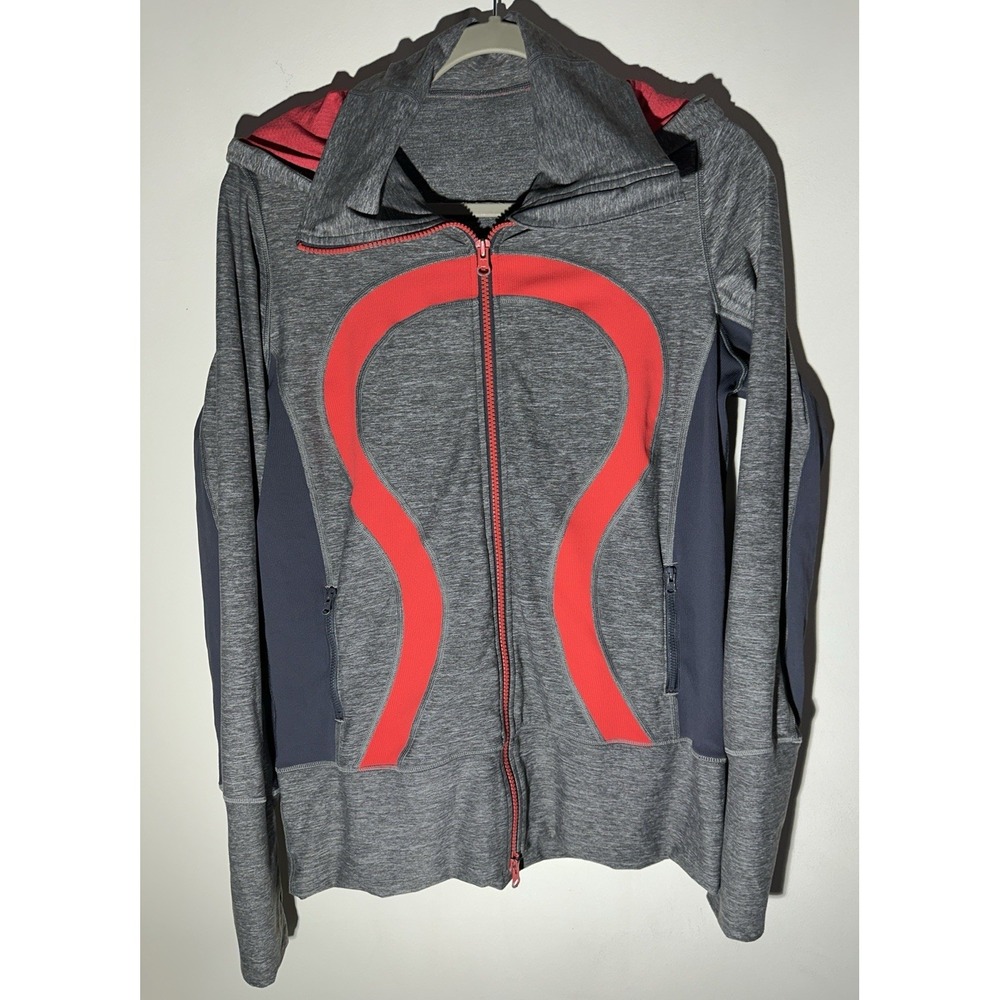Lululemon In Stride Jacket Gray Red Full Zip Hooded Thumbholes Logo Women's 10